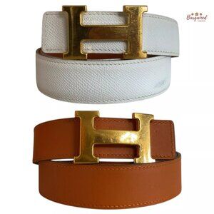 Authentic HERMES 32mm White/Orange Leather H Gold Reversible Buckle Belt 75/30